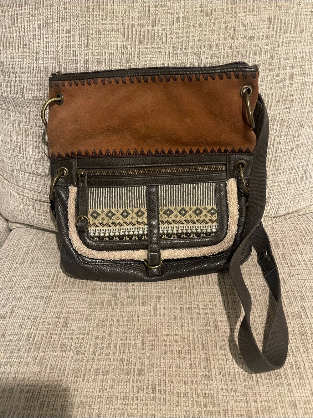 The Sak Leather Boho Crossbody Bag Brown Woven Southwestern